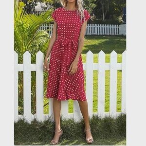 KEOMUD Women's Summer PolDot Print Dress Short Sleeve High Waist Pleated Midi